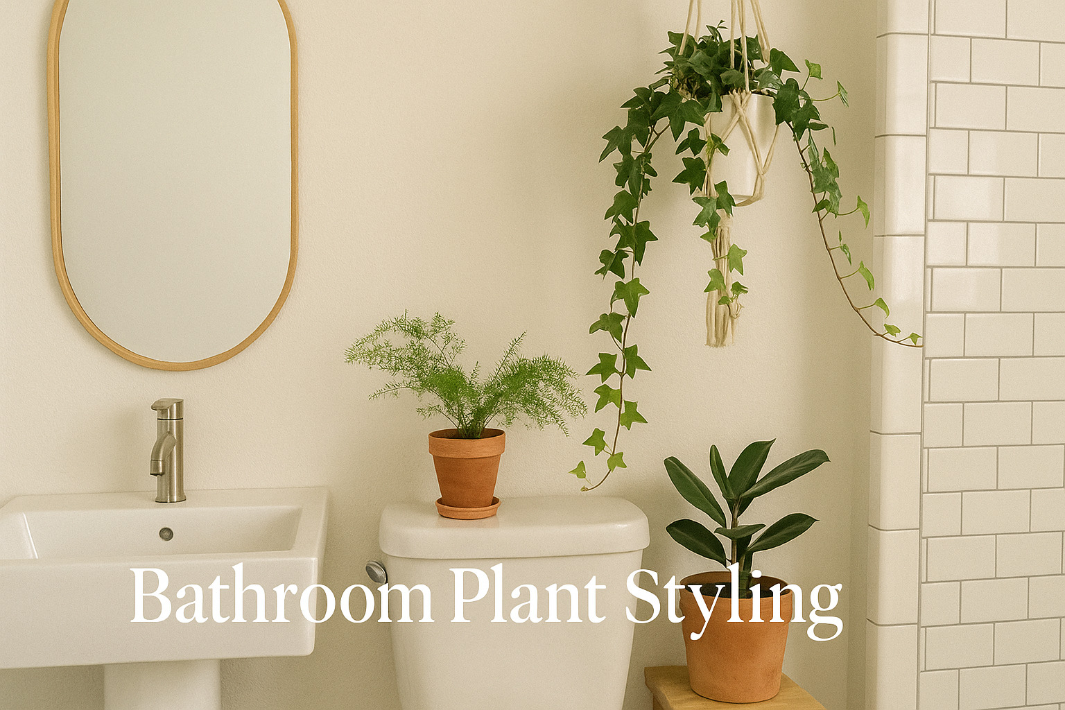 Bathroom plant styling with hanging ivy, fern, and rubber plant arranged around a sink, toilet, and tiled wall in a minimalist, naturally lit bathroom interior